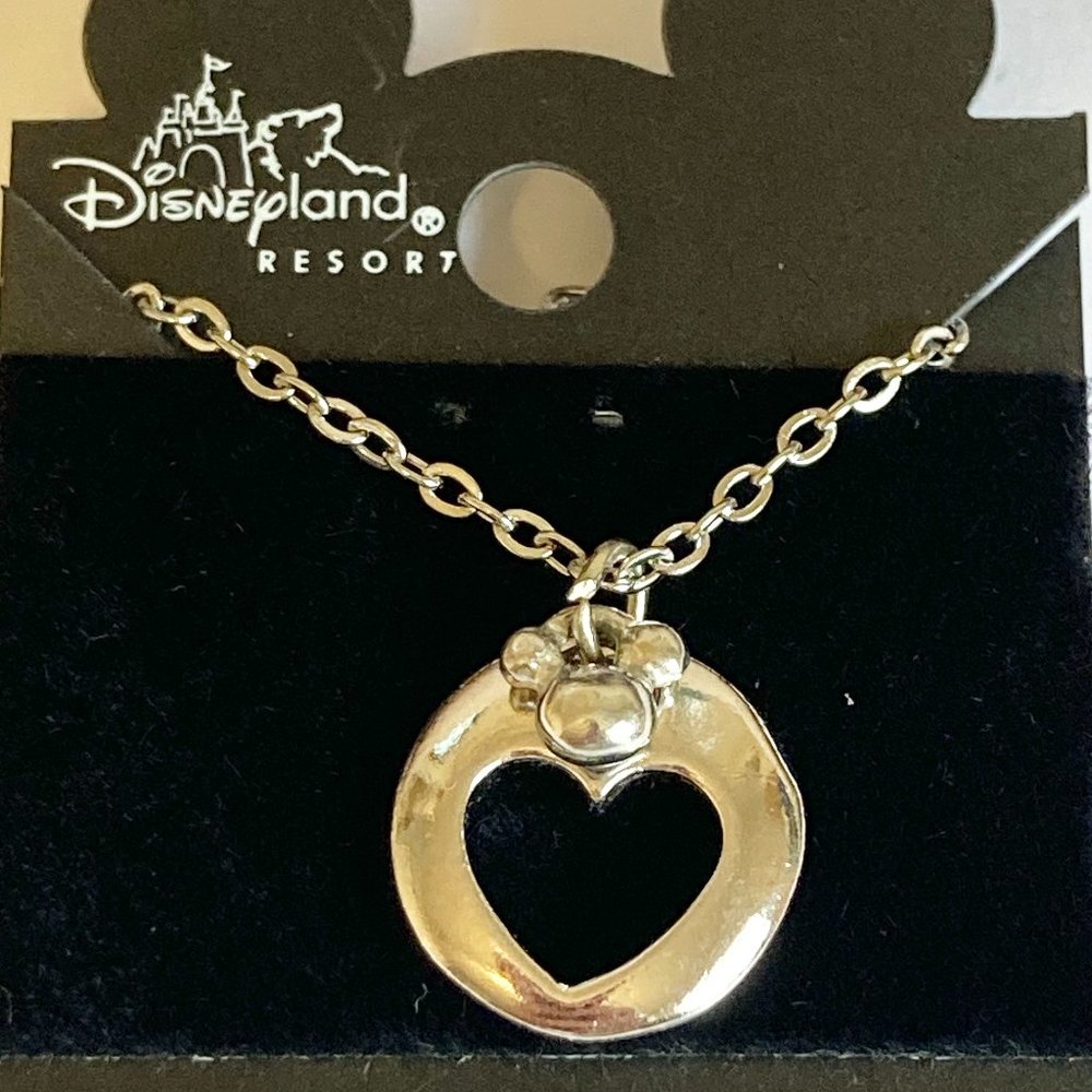 Vintage Disney Mickey Mouse Ears Heart Charm Necklace Stainless Steel 18" Chain
